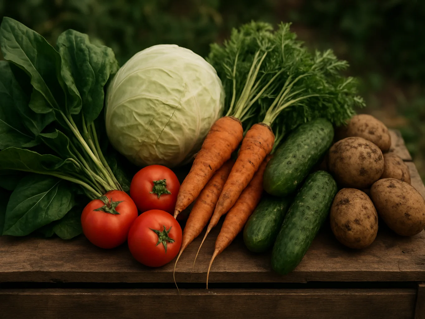 Close-up of fresh harvested vegetables on a wooden crate, natural