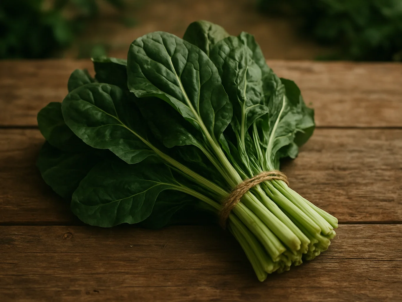 Bundle of leafy greens on a rustic table, soft daylight, deep gre