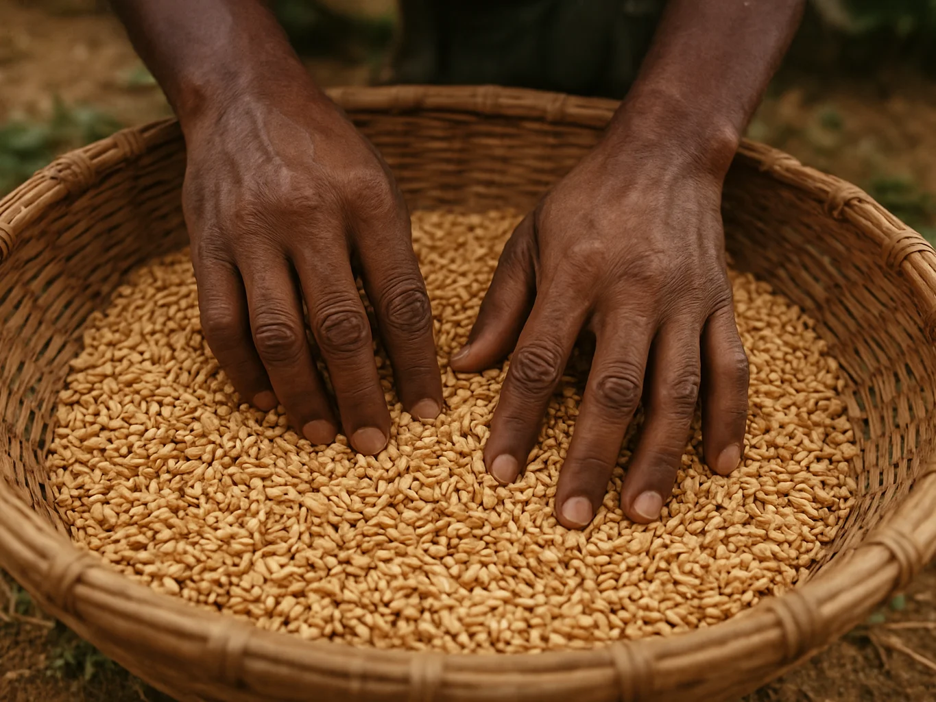 Hands sorting fresh grains in a woven basket, natural daylight, e