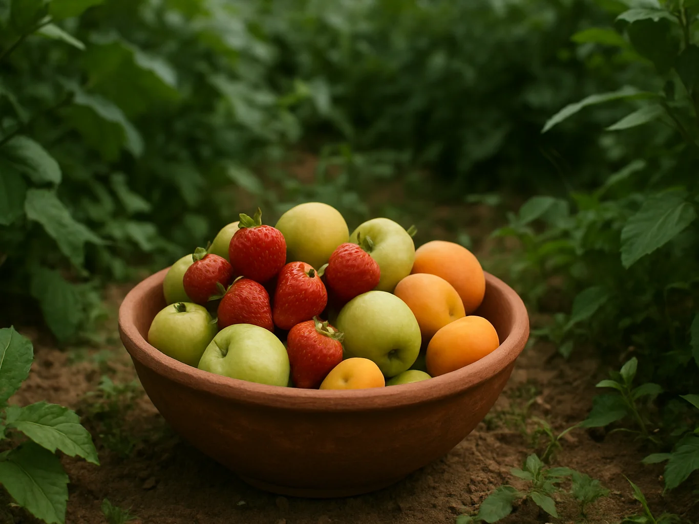 Fresh fruit harvested into a clay bowl in a farm setting, soft na