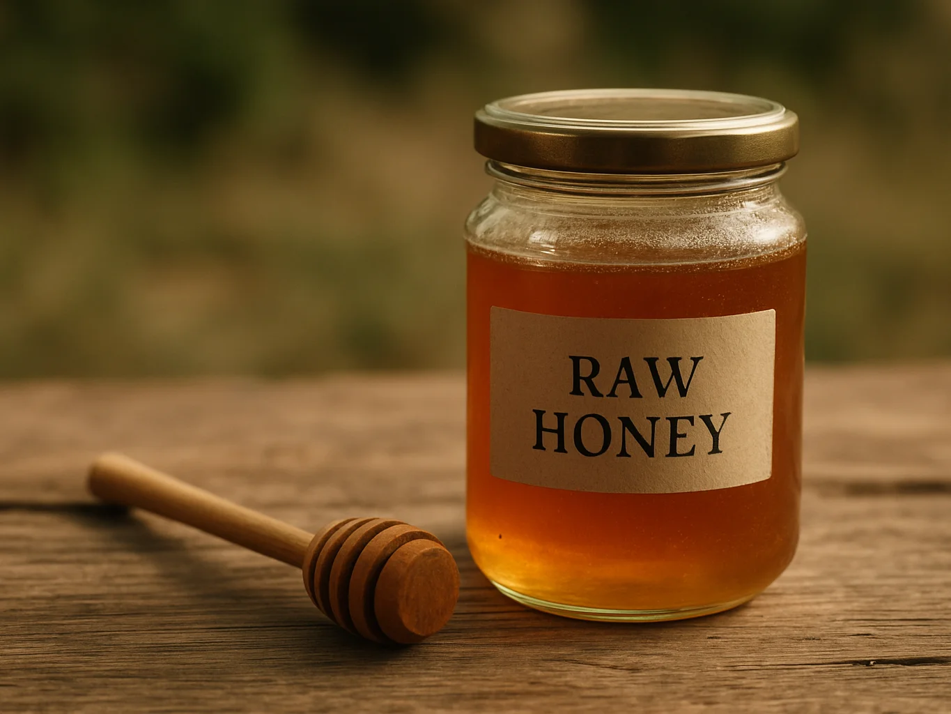 Jar of raw honey beside a wooden spoon, warm natural light, cream