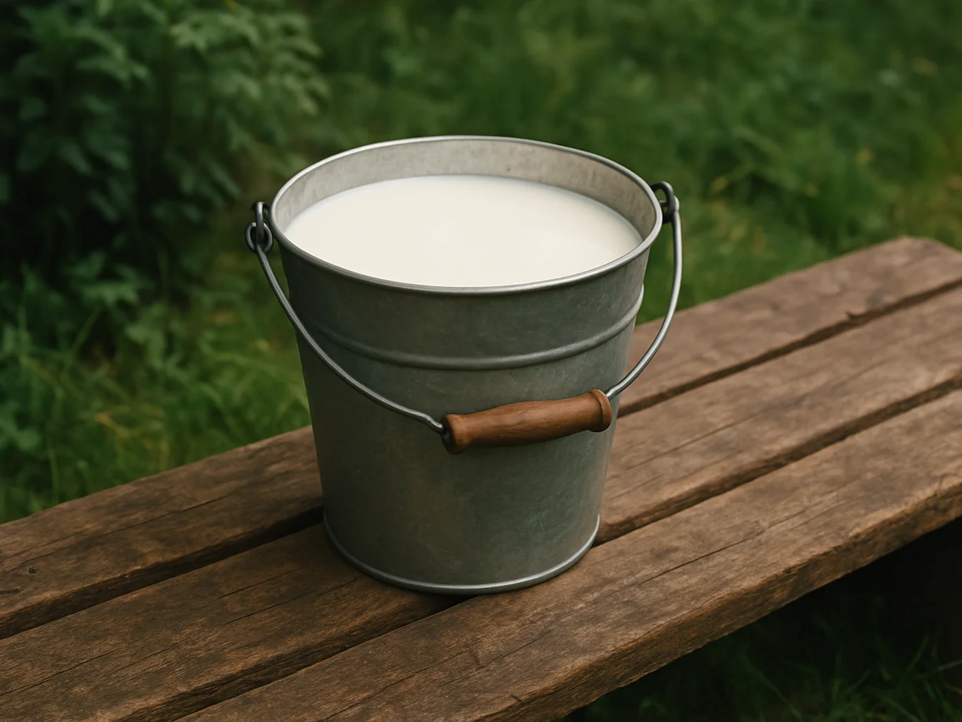 Farm-fresh milk in a steel pail on a wooden bench, natural daylig